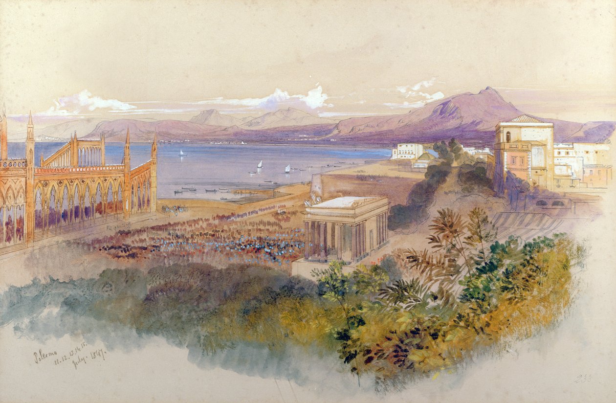 Palermo, 1847 (pióro, atrament i gwasz) autorstwa Edward Lear