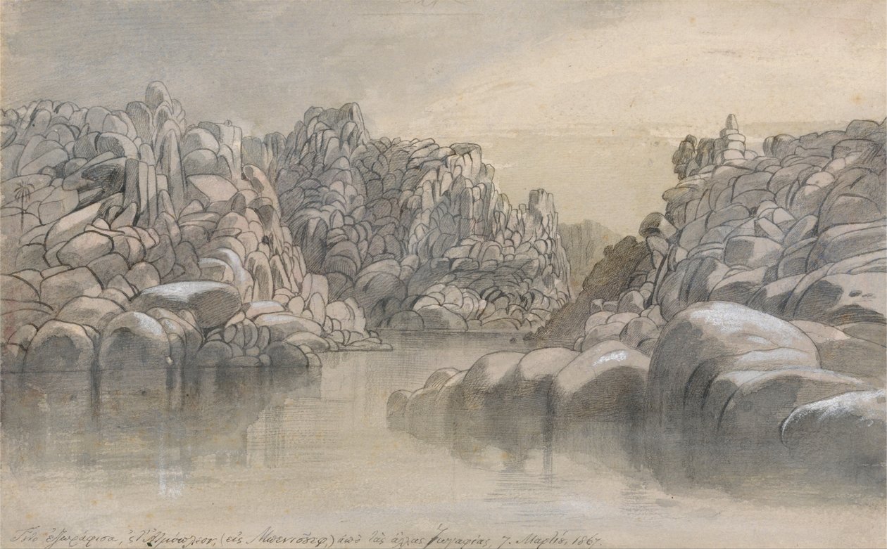 Przepływ rzeki między półnagimi klifami skalnymi? autorstwa Edward Lear