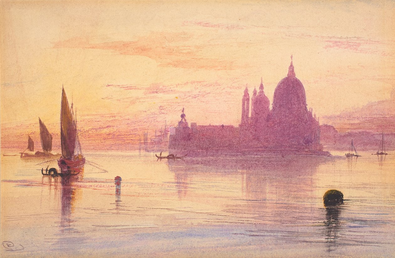 Santa Maria della Salute, Wenecja, o zachodzie słońca, 1865-84 (akwarela i gwasz na graficie na papierze tkanym) autorstwa Edward Lear