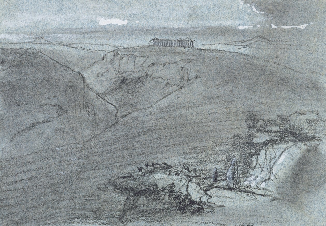 Segesta, z „Widoków Sycylii” (kreda i gwasz na niebieskim papierze) autorstwa Edward Lear