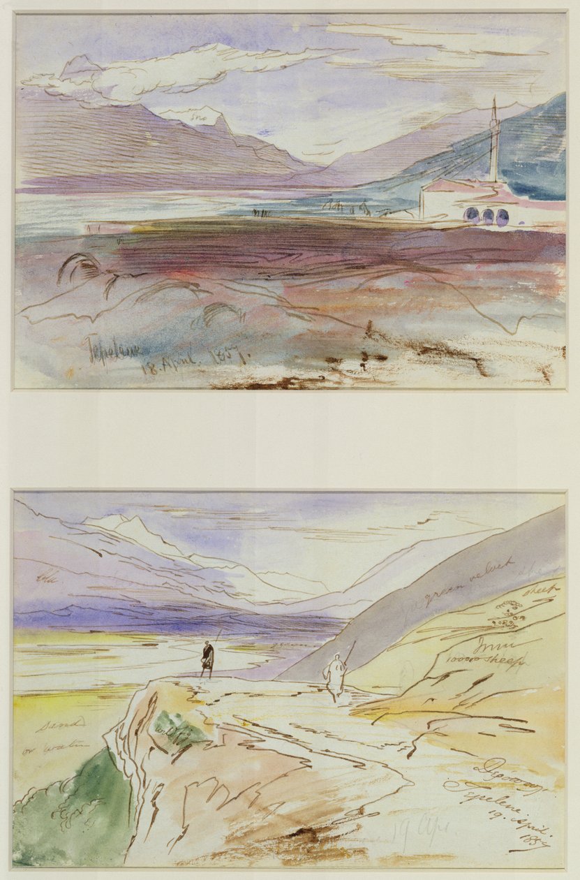 Tepelene, 1857 (pióro, atrament i toaleta na papierze tkanym ułożone na płycie) autorstwa Edward Lear