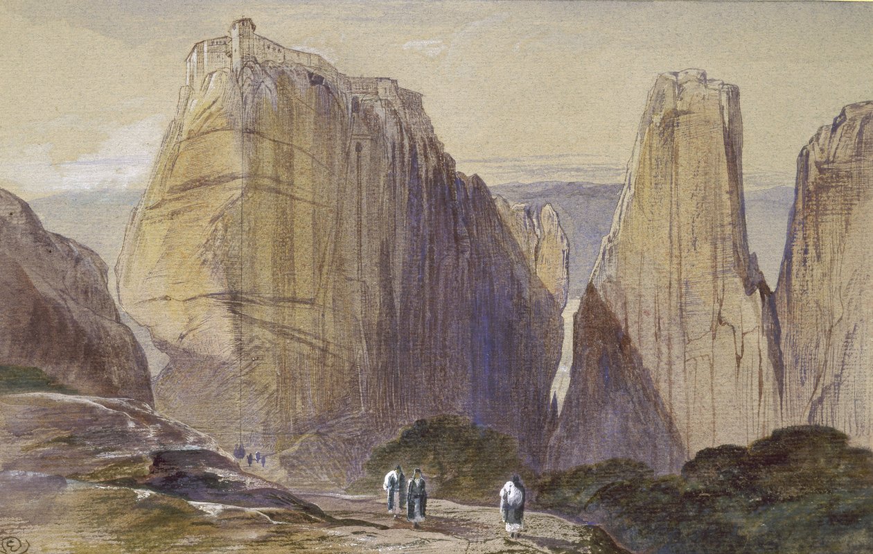 Klasztor Meteory (akwarela i farba do ciała na szaro-niebieskim papierze wykładanym) autorstwa Edward Lear