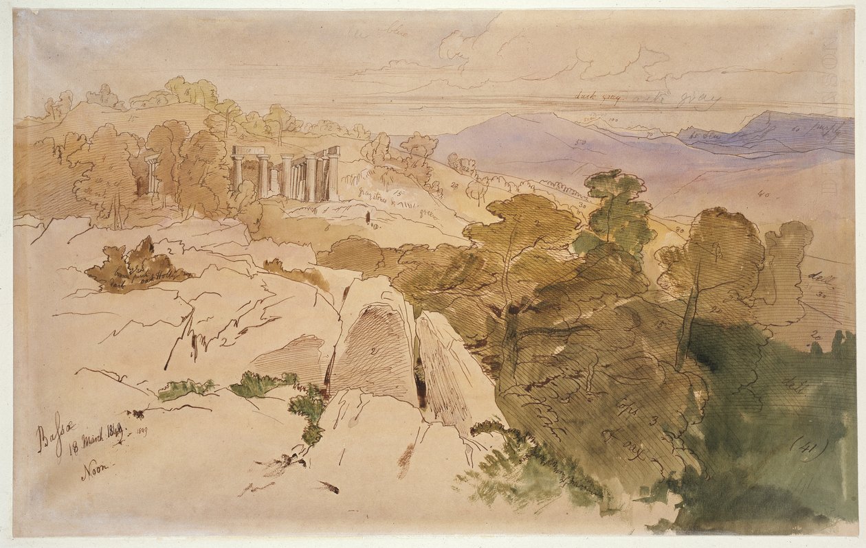 Świątynia Apolla w Bassae, Grecja, 1849 (pióro i brązowy tusz z akwarelą i farbą olejną na brązowym papierze) autorstwa Edward Lear