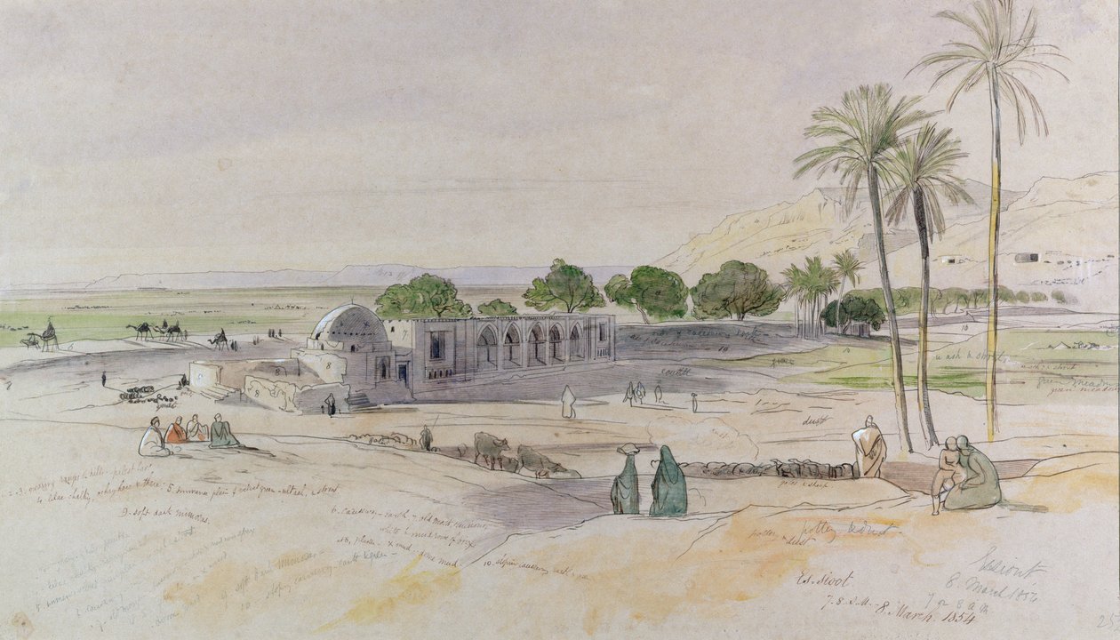 Wadi, Es-Sioot, Egipt, 1854 (wc, pióro i tusz) autorstwa Edward Lear
