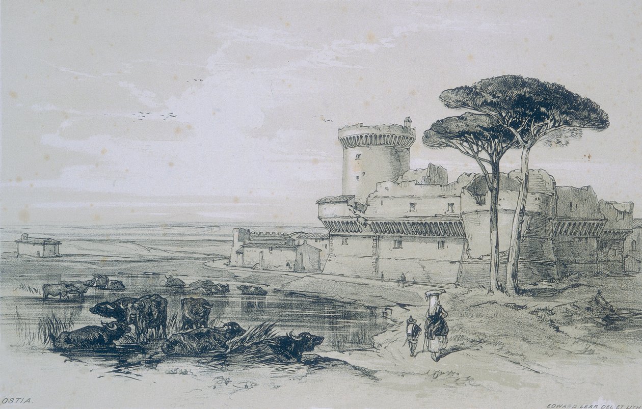 Widoki w Rzymie i okolicach: Zamek Ostia u ujścia Tybru autorstwa Edward Lear