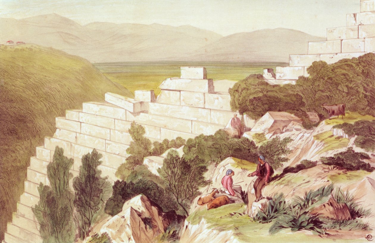 Mury starożytnego Samos, Kefalonia, XIX w. (akwarela) autorstwa Edward Lear
