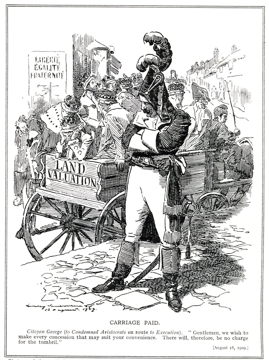 Lloyd George jako „Citoyen George” zapewnia arystokratów skazanych przez jego „Budżet Ludowy” na płacenie podatków od zysków ze sprzedaży ziemi, 1909 autorstwa Edward Linley Sambourne