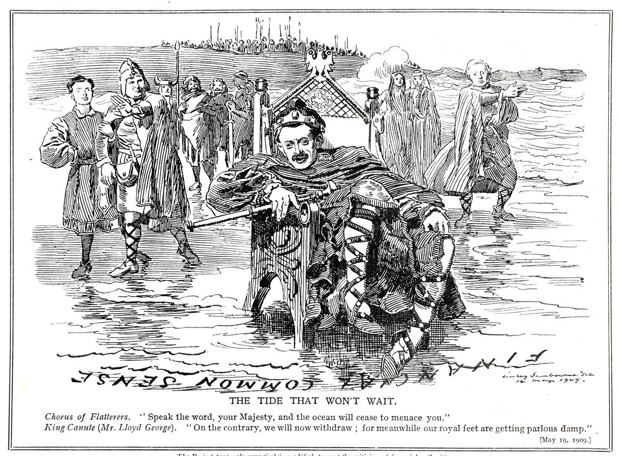 Lloyd George, jako „Król Kanut”, po krytyce ze strony władz finansowych, postanawia zmodyfikować swoje propozycje budżetowe, 1909 autorstwa Edward Linley Sambourne