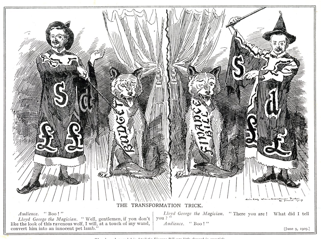 Lloyd George, "magik", dokonuje magicznej transformacji w propozycjach budżetowych dla "budżetu ludowego", 1909 r. autorstwa Edward Linley Sambourne