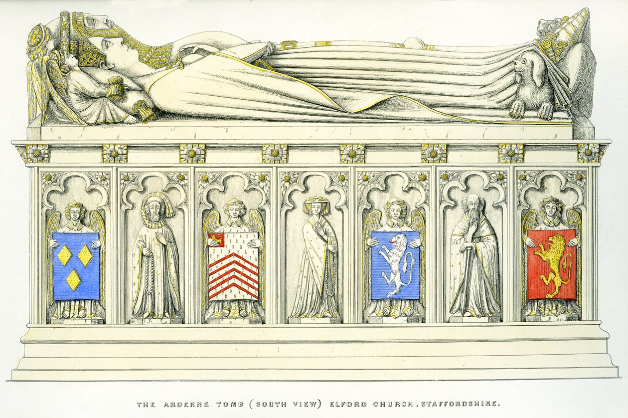 Grobowiec Arderne, kościół św. Piotra, Elford, Staffordshire, Anglia, 1848-9 (rycina ręcznie kolorowana) (patrz także 741543 i 779744) autorstwa Edward M. Richardson