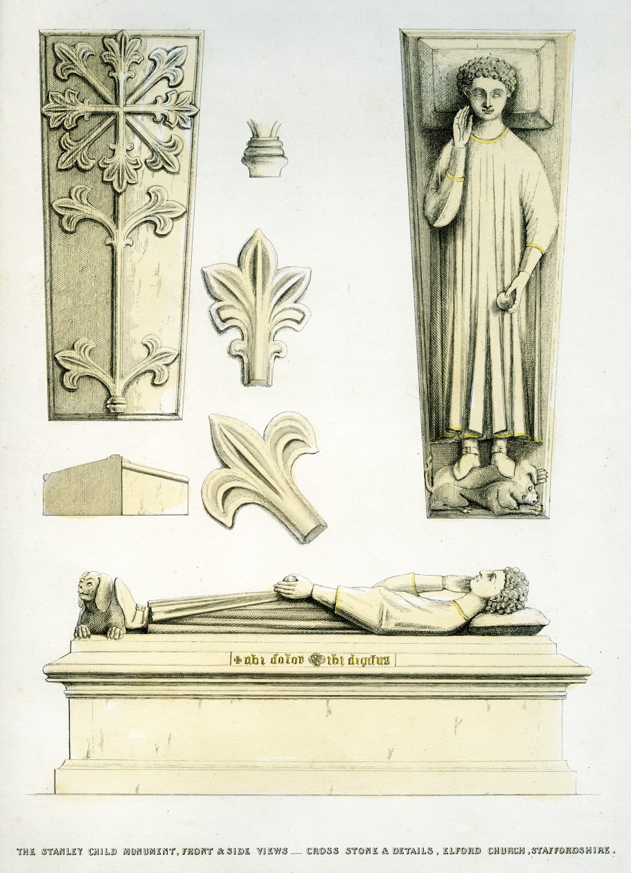 Pomnik Dziecka Stanleya, kościół św. Piotra, Elford, Staffordshire, Anglia, 1848-49 (ręcznie kolorowane grawerowanie) autorstwa Edward M. Richardson