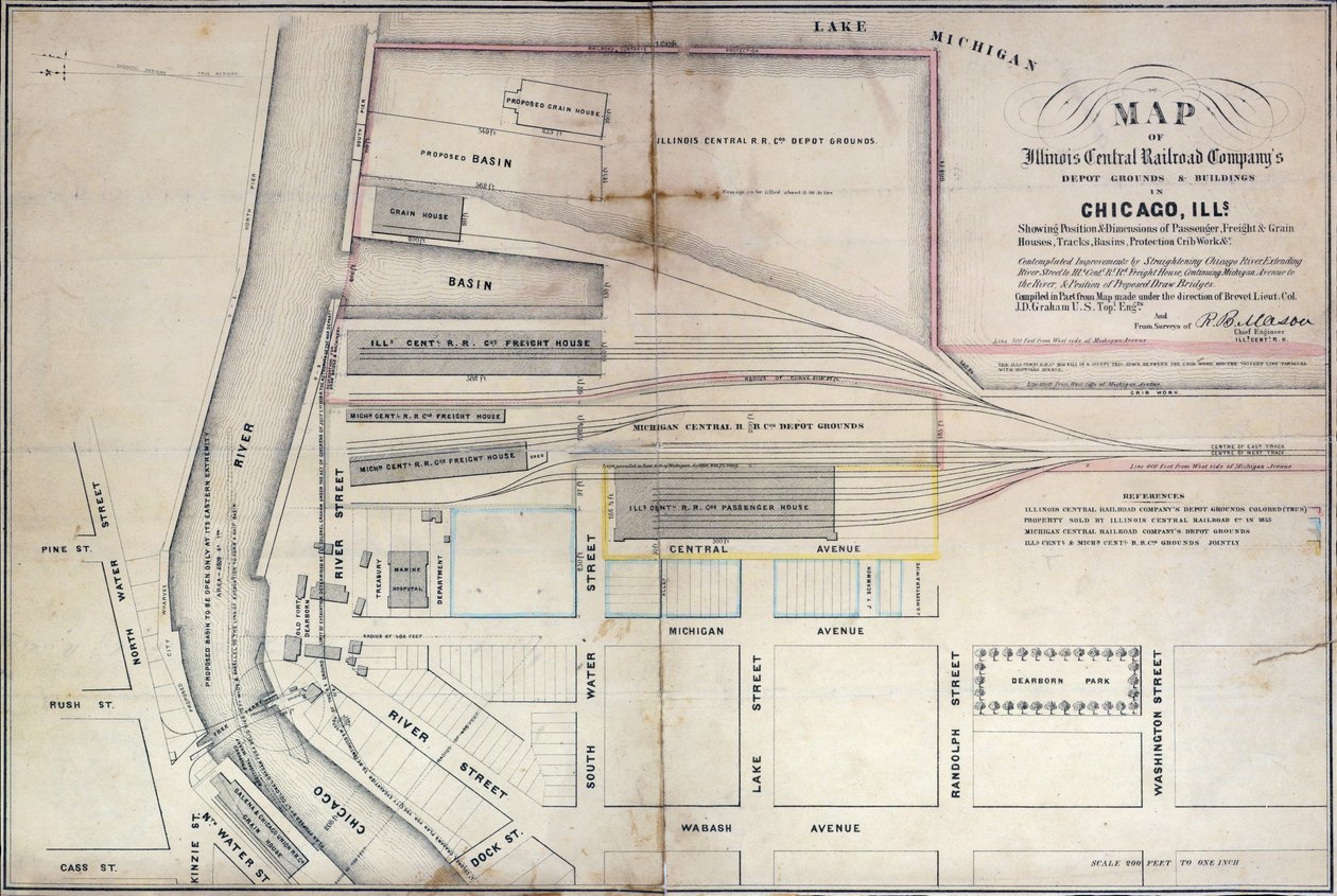 Mapa terenów zajezdni i budynków Illinois Central Railroad Companys w Chicago, 1855 r autorstwa Edward Mendel