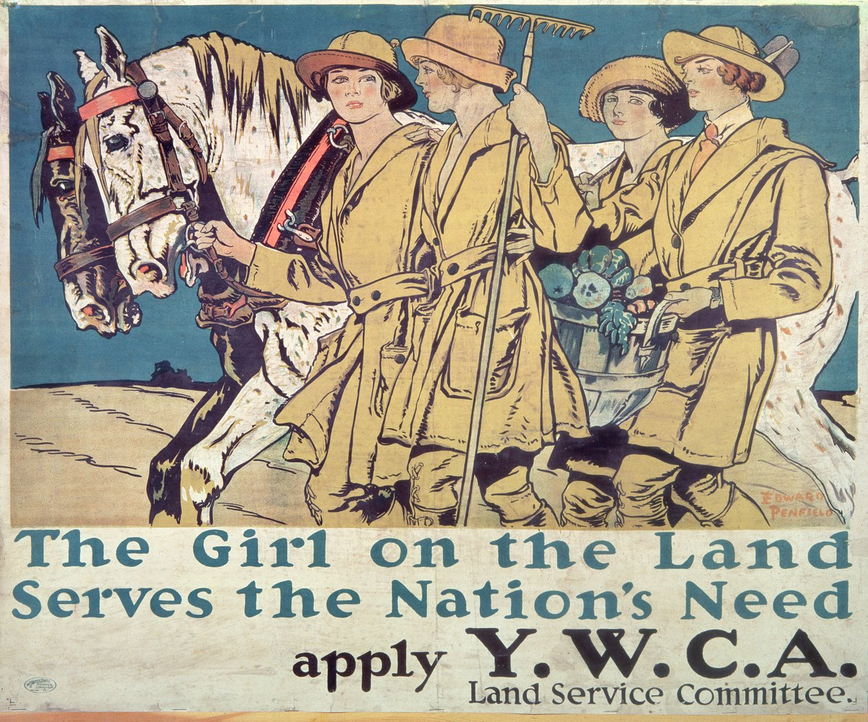 Dziewczyna na ziemi służy potrzebom narodu, plakat YWCA z I wojny światowej autorstwa Edward Penfield