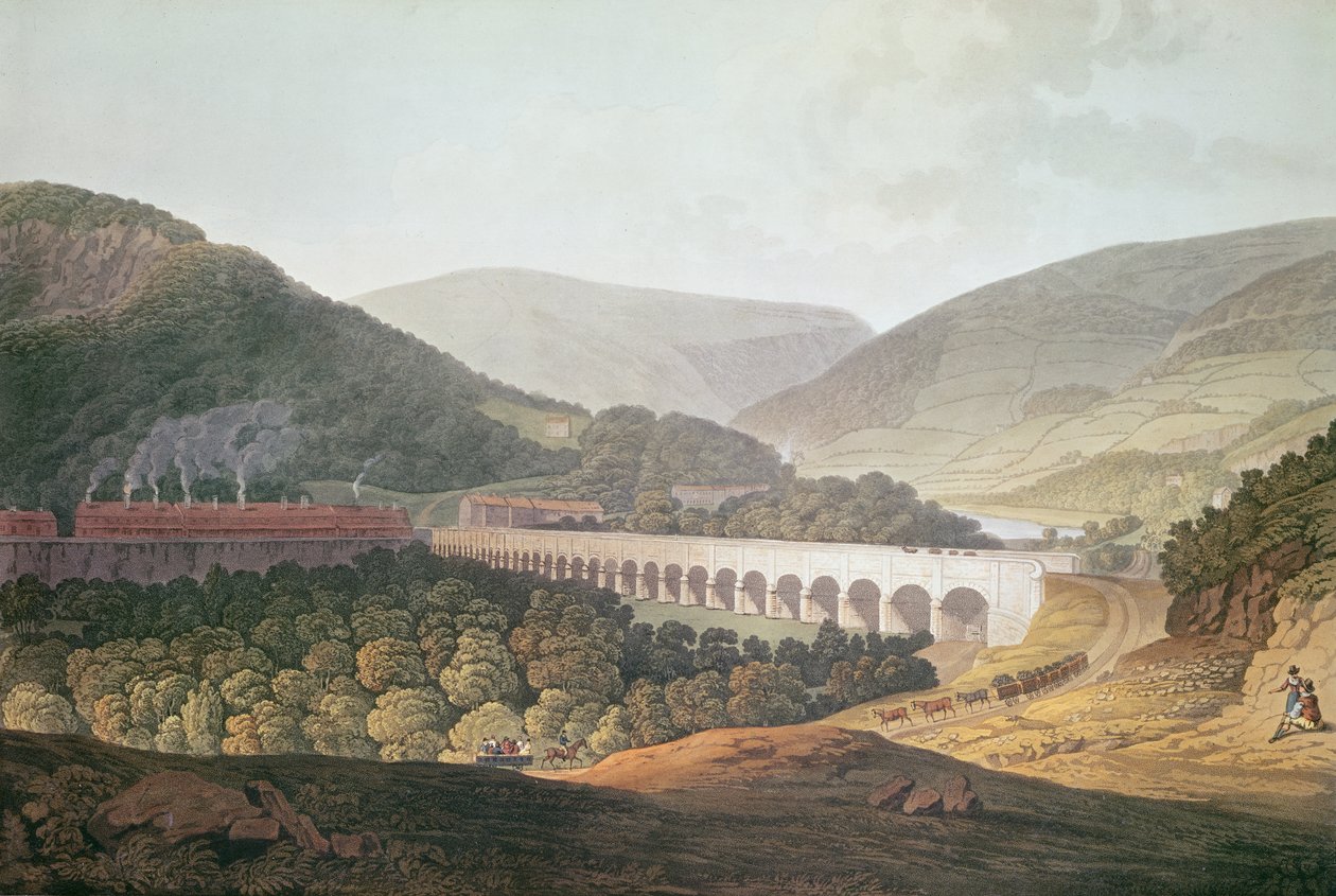 Widok na kamienny most przez dolinę i rzekę w Risca w Monmouthshire (kolorowe grawerowanie) autorstwa Edward Pugh