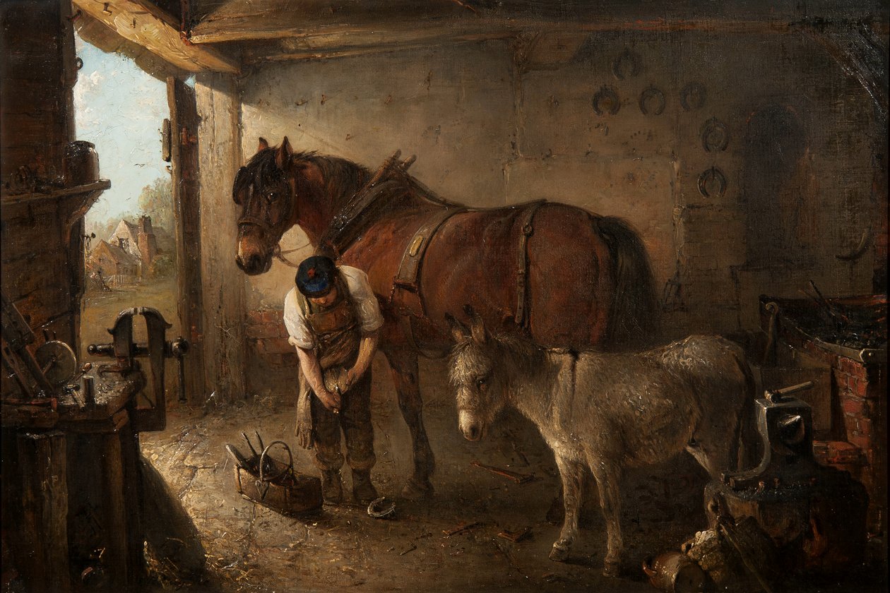 Kowal podkuwający konia ornego, z osłem, we wnętrzu kuźni. autorstwa Edward Robert Smythe