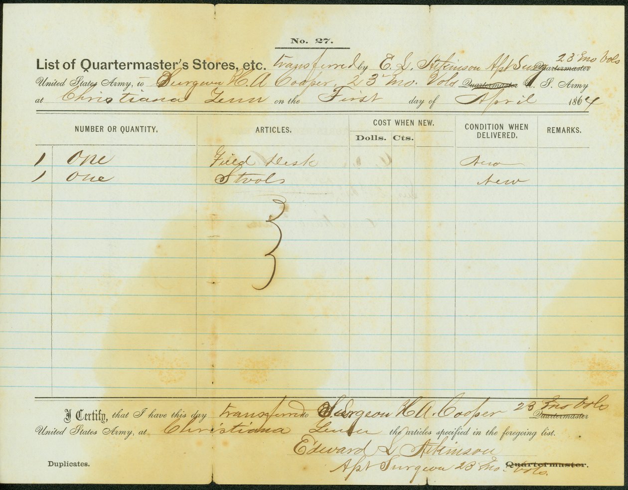 Zawiera listę sklepów przekazanych przez Atkinsona chirurgowi HA Cooperowi, 23. Ochotniczej Piechoty Missouri autorstwa Edward S. Atkinson