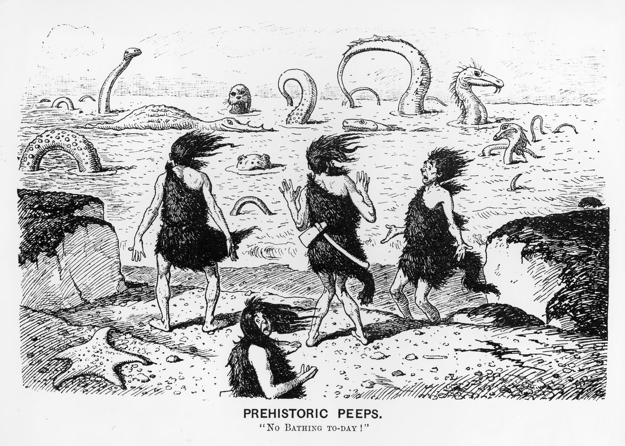 Prehistoryczny Peeps, „Dzisiaj bez kąpieli”, 1884 (pióro i atrament) autorstwa Edward Tennyson Reed