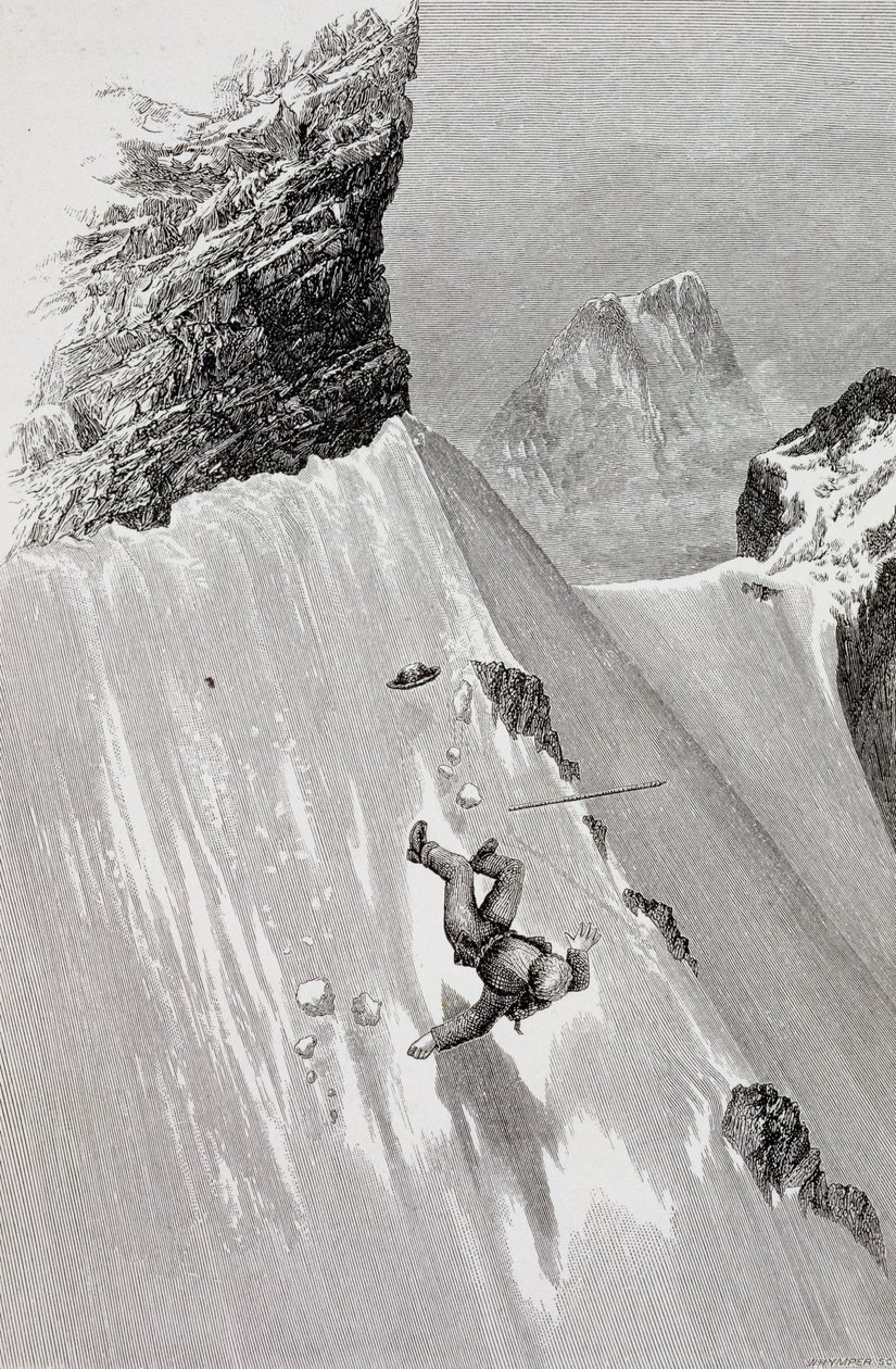 W próbie pokonania zakrętu poślizgnąłem się i upadłem" z "Wspinaczki na Matterhorn" Edwarda Whympera, opublikowanej w latach 1860-80 autorstwa Edward Whymper