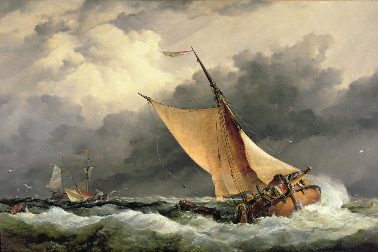 Holenderskie łodzie towarowe na wzburzonym morzu autorstwa Edward William Cooke