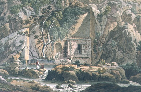 Źródło Kastalii, płyta 18 z części 3 „Widoki w Grecji”, ryt. Robert Havell autorstwa Edward (after) Dodwell