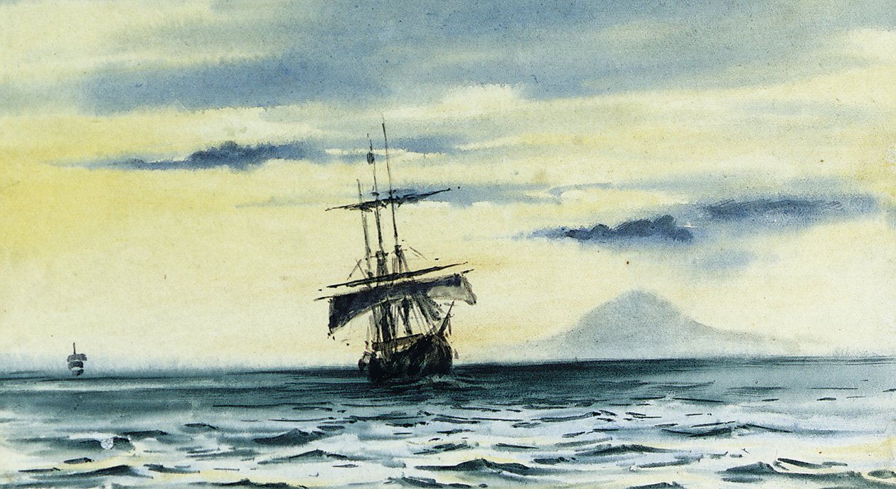 Ostatni widok Mount Discovery: SS. „Morning” i „Terra Nova” po „Discovery” z Cieśniny McMurdo, 19 lutego 2004 r. Północ 1904 autorstwa Edward Adrian Wilson