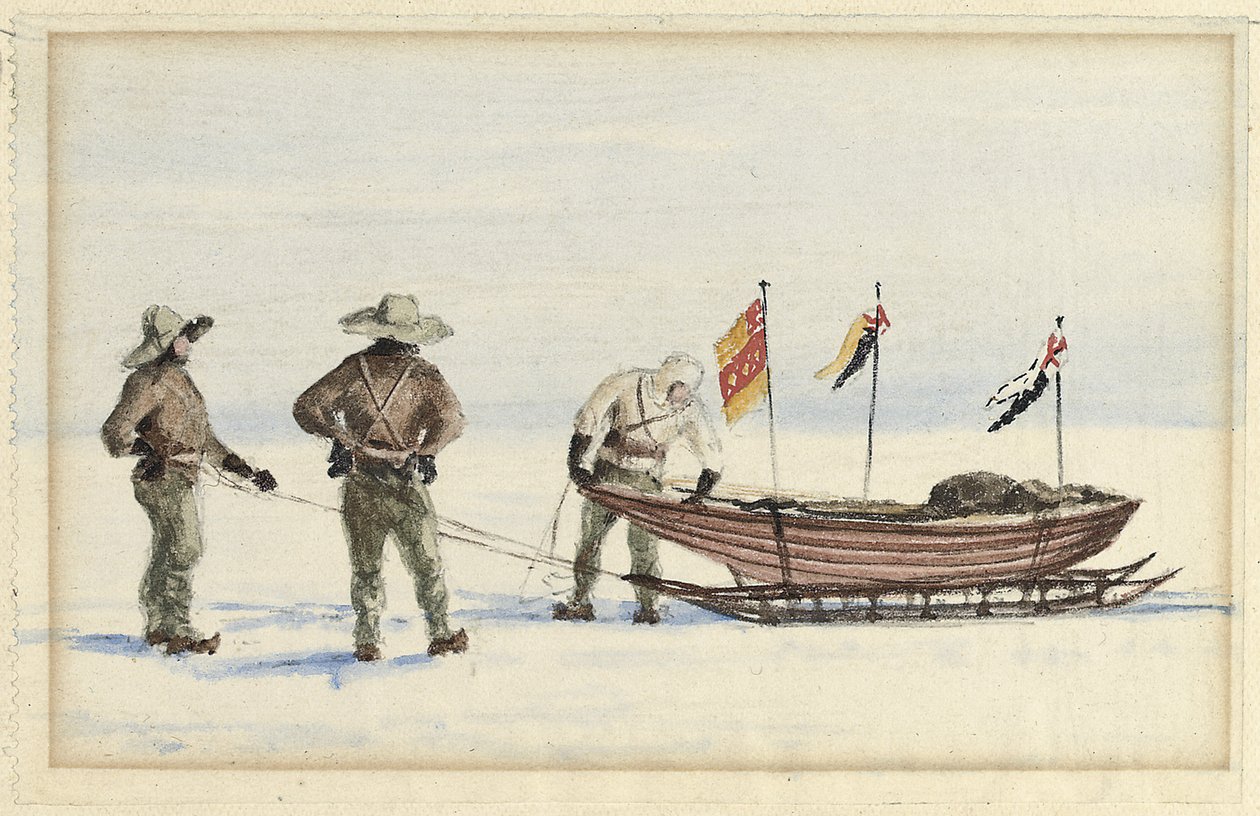 Kulig na White Island, luty 1902: Shackleton, Wilson i Ferrar przygotowują się do wyruszenia, 1902 autorstwa Edward Adrian Wilson