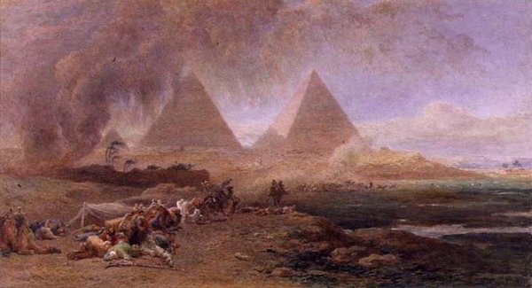 Karawana wyprzedzona przez burzę piaskową, Egipt (akwarela i gwasz na papierze) autorstwa Edward Angelo Goodall