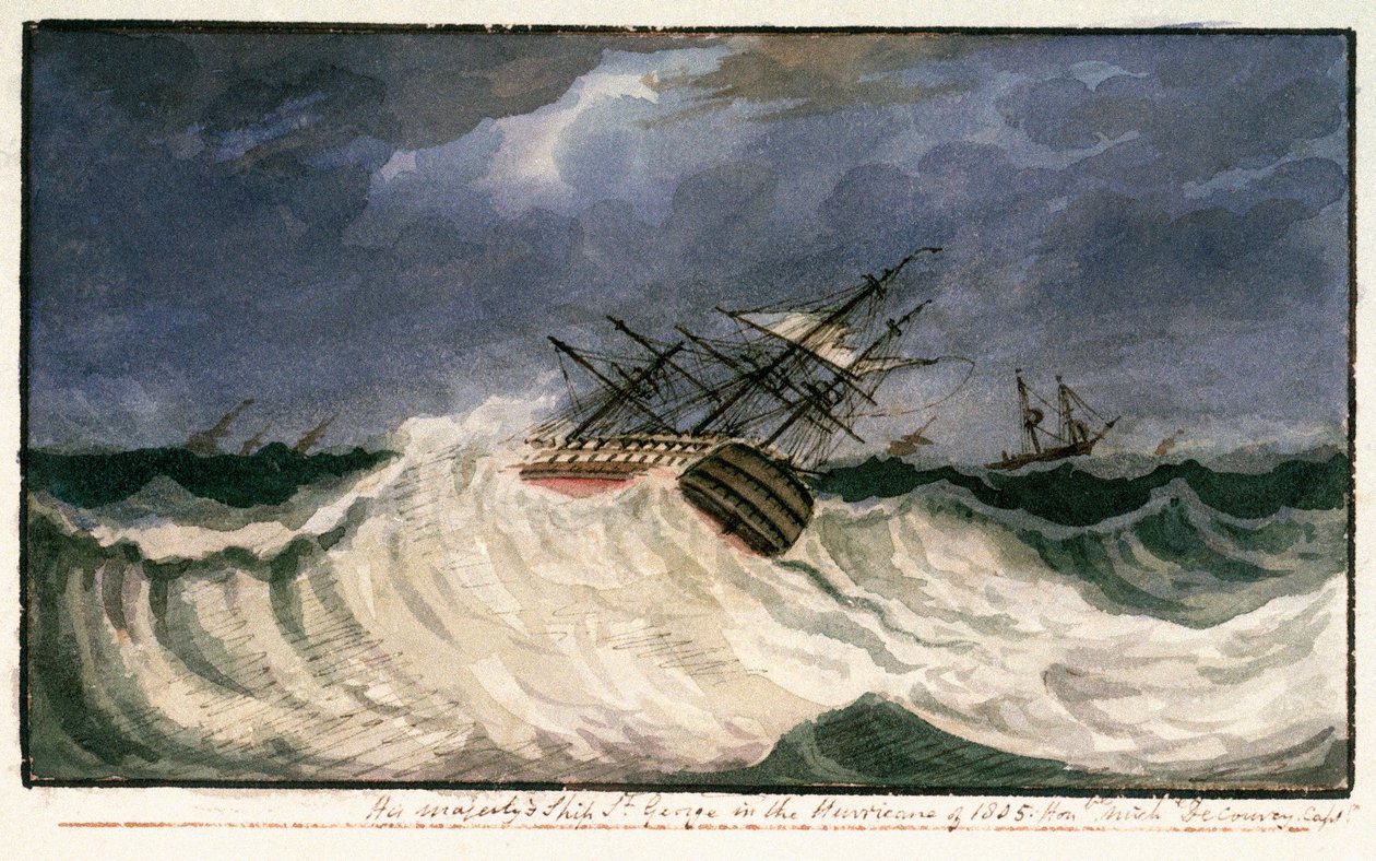 HMS "St George" podczas huraganu w 1805 r., ok. 1805 r. (akwarela) autorstwa Edward Bamfylde Eagles