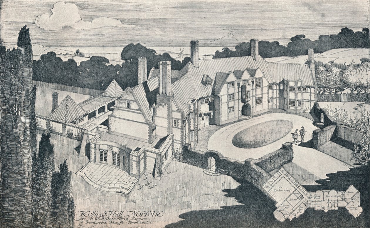 — Hala Kellinga, Norfolk. E Brantwood Maufe, A.R.I.BA., Architekt”, c1912 autorstwa Edward Brantwood Maufe