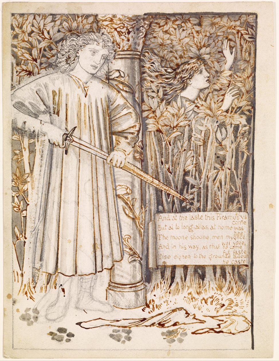 Pyramus i Thisbe - Pyramus wyciąga miecz, by się zabić autorstwa Edward Burne-Jones