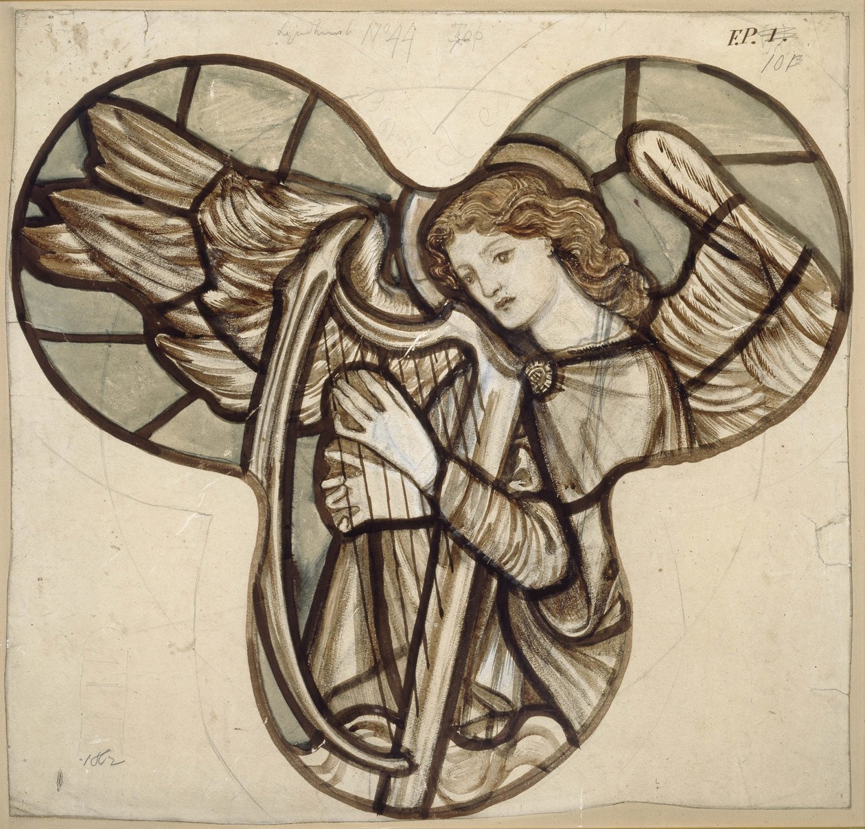 Projekt witraży w kościele w Lyndhurst: An Angel Harpist, 1862 (brązowo-niebieskie rozmycia na graficie) autorstwa Edward Burne Jones