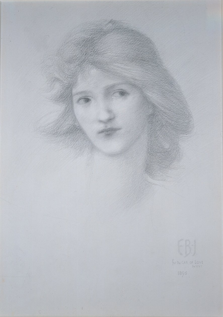 Głowa kobiety: Studium do „Samochodu miłości”, 1895 (ołówek) autorstwa Edward Burne Jones