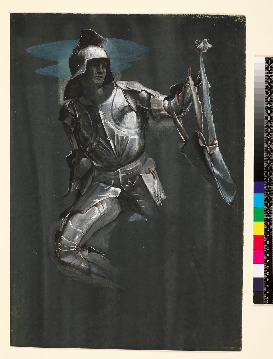 Studium dla Perseusza w „Znalezieniu Meduzy”, ok. 1881 (szaro-biały kolor ciała na niebieskim papierze) autorstwa Edward Burne Jones
