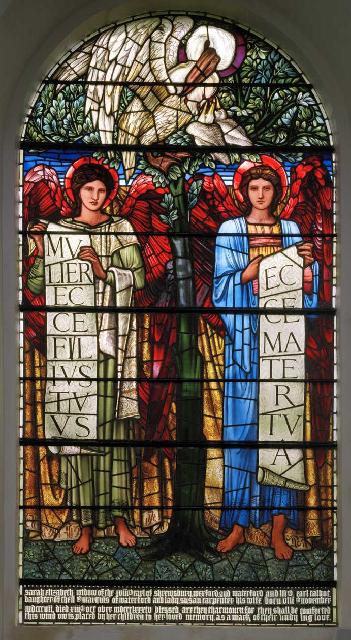 Pelikan w swojej pobożności i anioły ze zwojami, 1890 autorstwa Edward Burne Jones