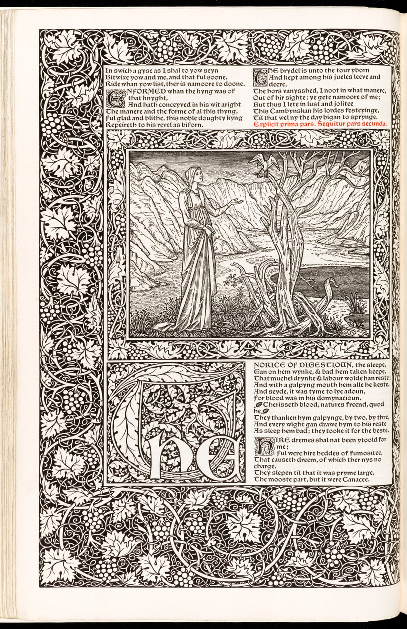 „The Works of Geoffrey Chaucer Now Newly Imprinted” autorstwa Geoffreya Chaucera, opublikowany przez Kelmscott Press w 1896 r. (drzewryt) autorstwa Edward Burne Jones