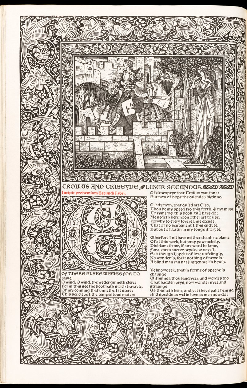 „The Works of Geoffrey Chaucer Now Newly Imprinted” autorstwa Geoffreya Chaucera, opublikowane przez Kelmscott Press w 1896 r. (drzewryt) autorstwa Edward Burne Jones