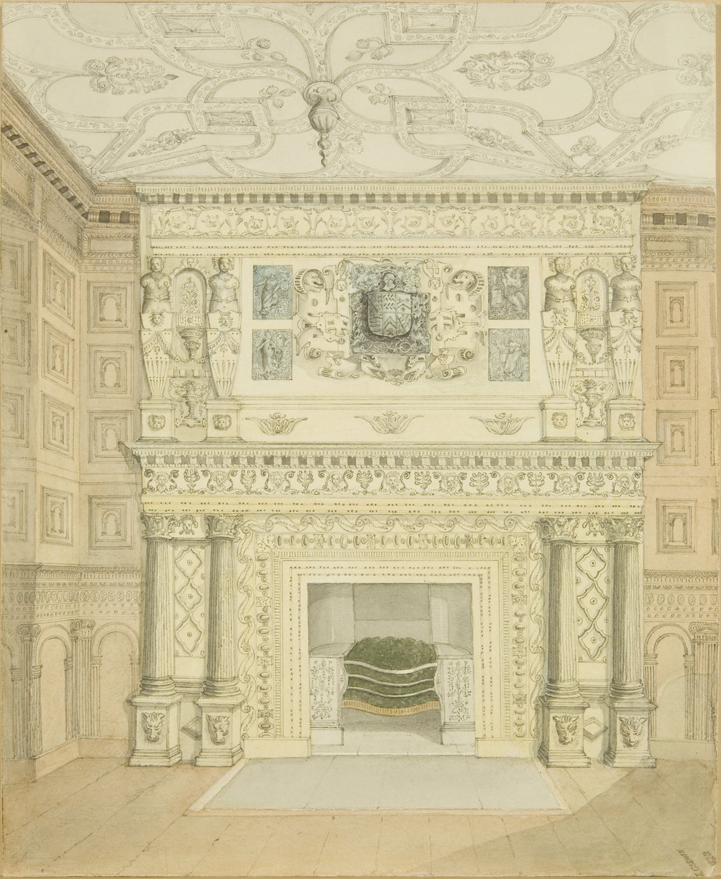 Kominek, sala Great Oak, Red Lodge (ołówek i akwarela na papierze) autorstwa Edward Cashin