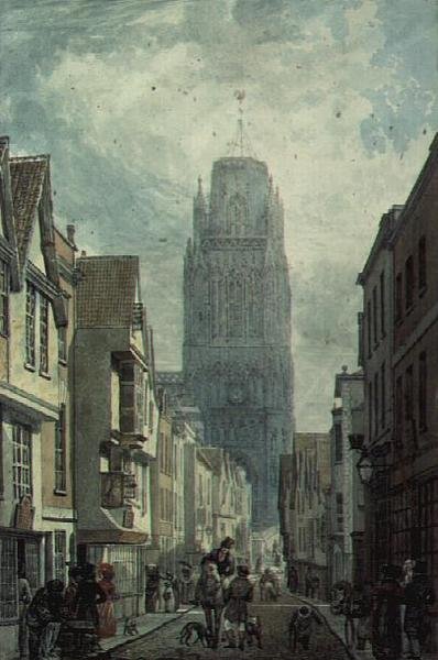 Redcliffe Street, Bristol, przedstawiający wieżę kościoła St.Mary Redcliffe autorstwa Edward Cashin