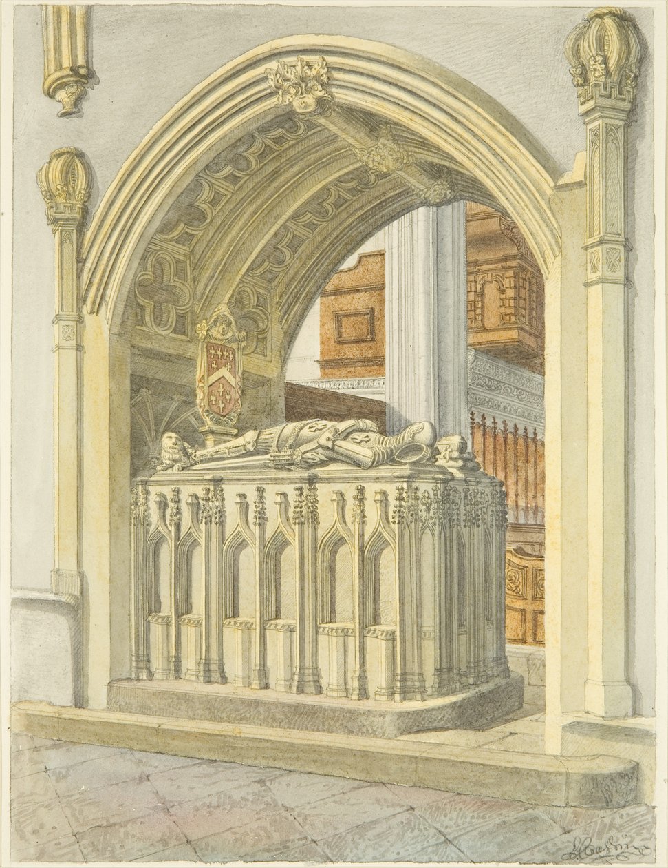 Grób Roberta Fitzhardinga, zm. 1170, w katedrze w Bristolu (ołówek i akwarela na papierze) autorstwa Edward Cashin