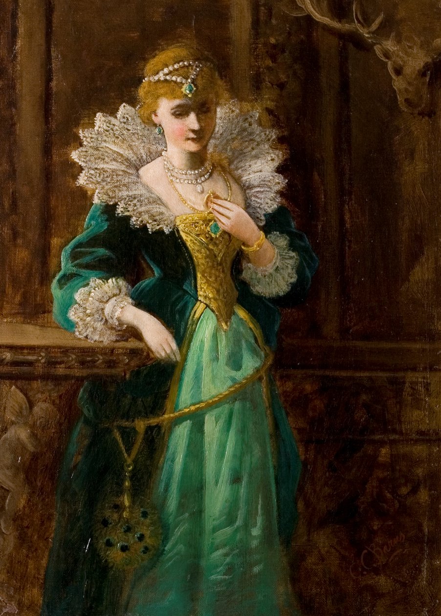 Amy Robsart Patrząc na portret Leicester, koniec XIX wieku autorstwa Edward Charles Barnes