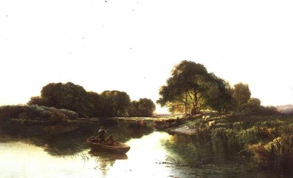 Krajobraz rzeczny z wędkarzami łowiącymi ryby autorstwa Edward Charles Williams