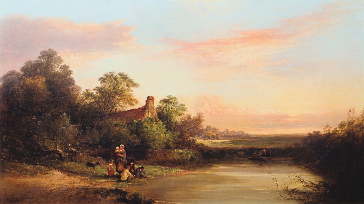 „Pejzaż angielski z chatą i strumieniem”, 1860 autorstwa Edward Charles Williams