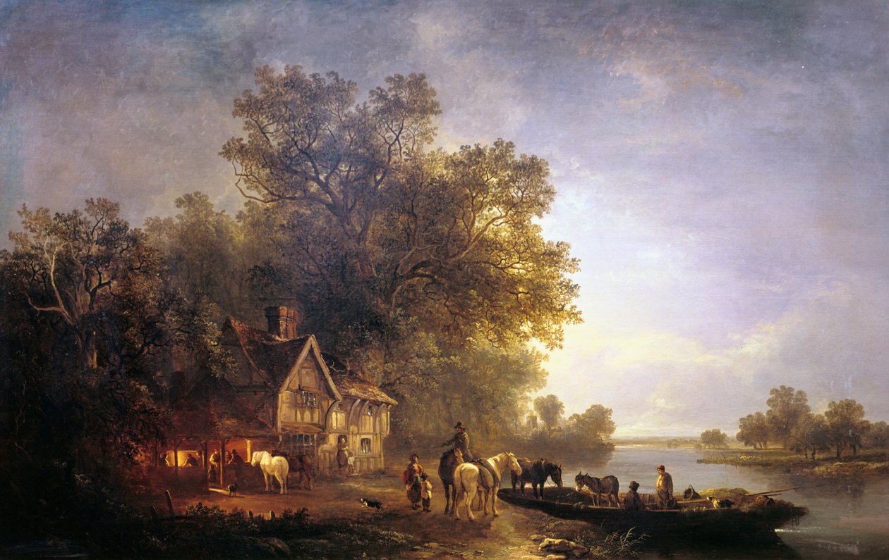 Krajobraz rzeczny z wieśniakami i końmi, ok. 1860 r. autorstwa Edward Charles Williams