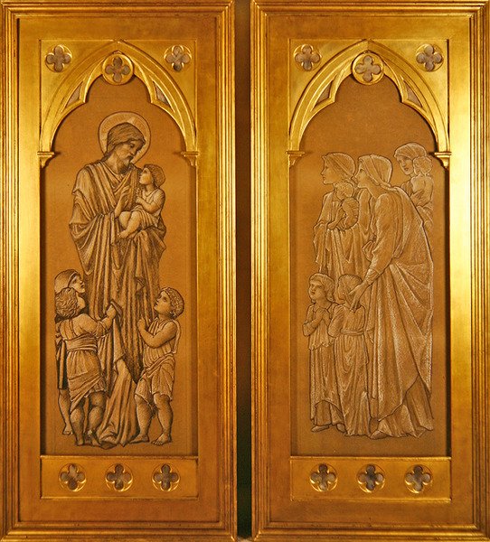 Chrystus błogosławi małe dzieci i kobiety przynoszące dzieci przed oblicze Chrystusa (czarno-białe kredy na papierze) autorstwa Edward Coley Burne Jones