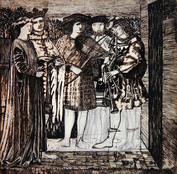 Projekt do dekoracji Czerwonego Domu: „Organizacja ślubna Sir Degrevaunta” autorstwa Edward Coley Burne Jones