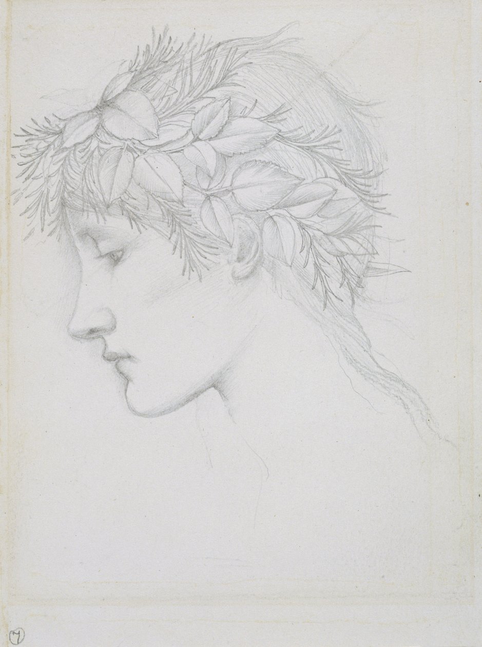 Głowa zwieńczona liśćmi, ok. 1897 (ołówek na papierze) autorstwa Edward Coley Burne Jones
