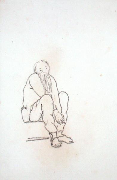 Autoportret artysty, siedzącego, z rękami między kolanami, z albumu rysunków (ołówek na papierze) autorstwa Edward Coley Burne Jones