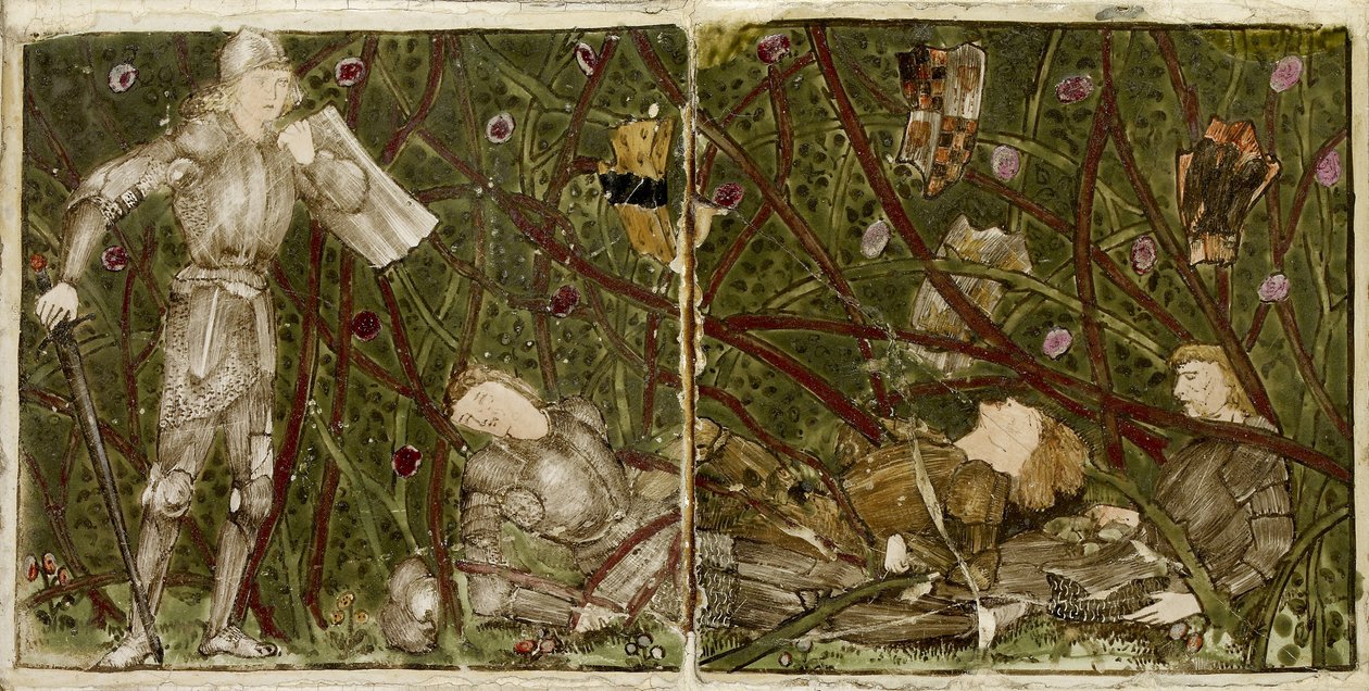 Zestaw szesnastu płytek ułożonych parami w osiem ilustracji do baśni "Briar Rose", 1862 - 1865 (ceramika) autorstwa Edward Burne Jones