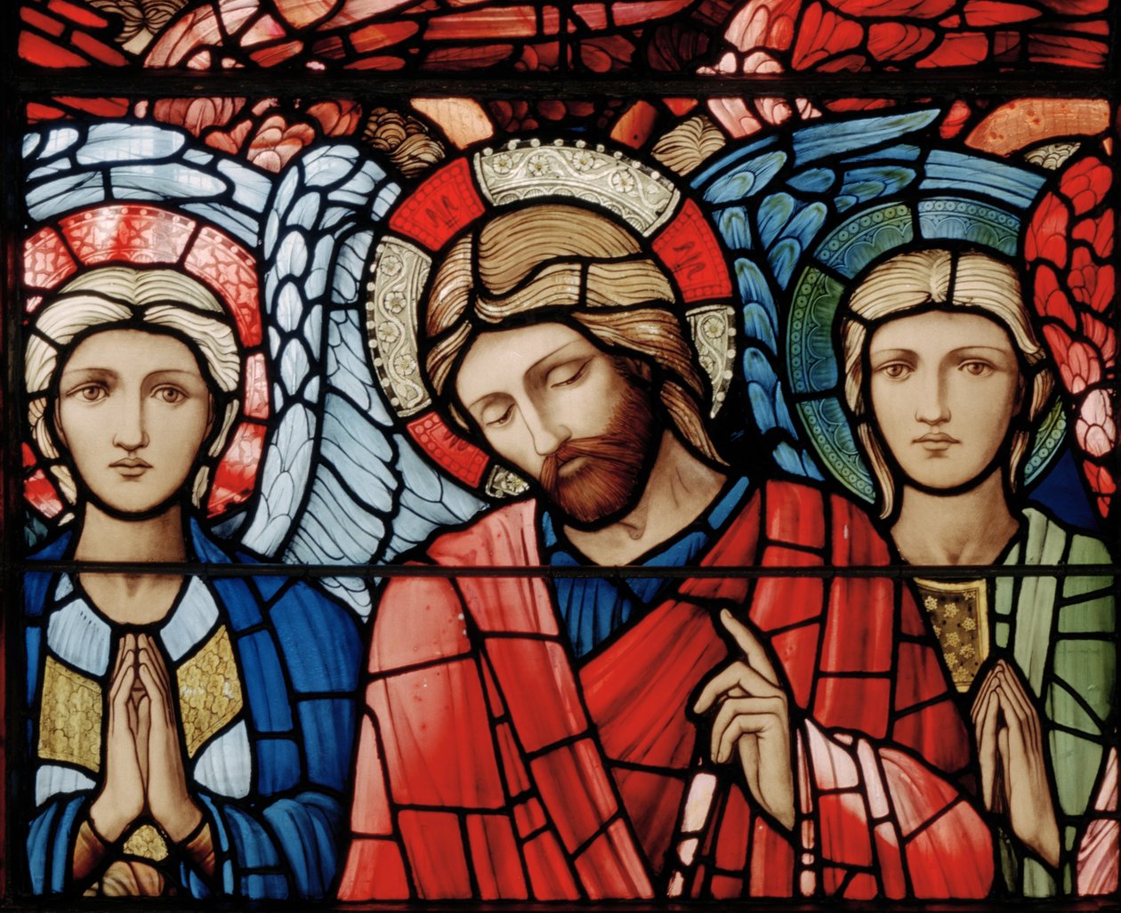 Chrystus w majestacie, Aniołowie Stróże, Serafini, Archaniołowie, fragment Okna Wniebowstąpienia, 1885 (witraż) autorstwa Edward Burne Jones