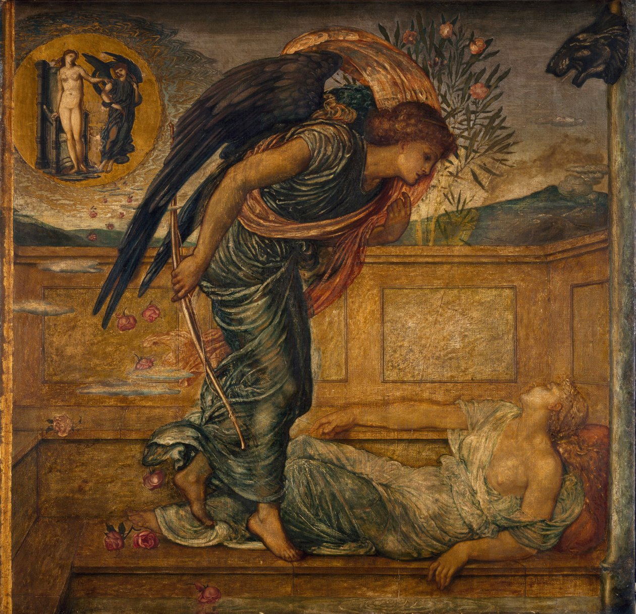 Kupidyn i Psyche - Pałacowe Zielone Malowidła - Kupidyn Odnajdujący Psyche śpiąca przy fontannie, 1881 autorstwa Edward Burne Jones